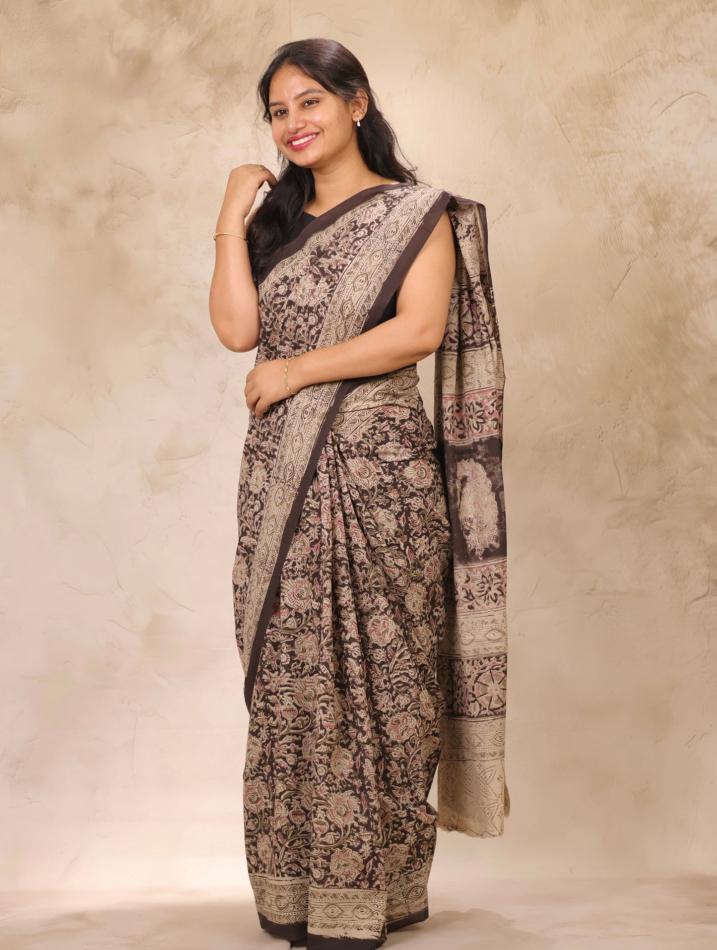 Black Hand Block Printed Kalamkari Cotton Saree | Looms & Tassels