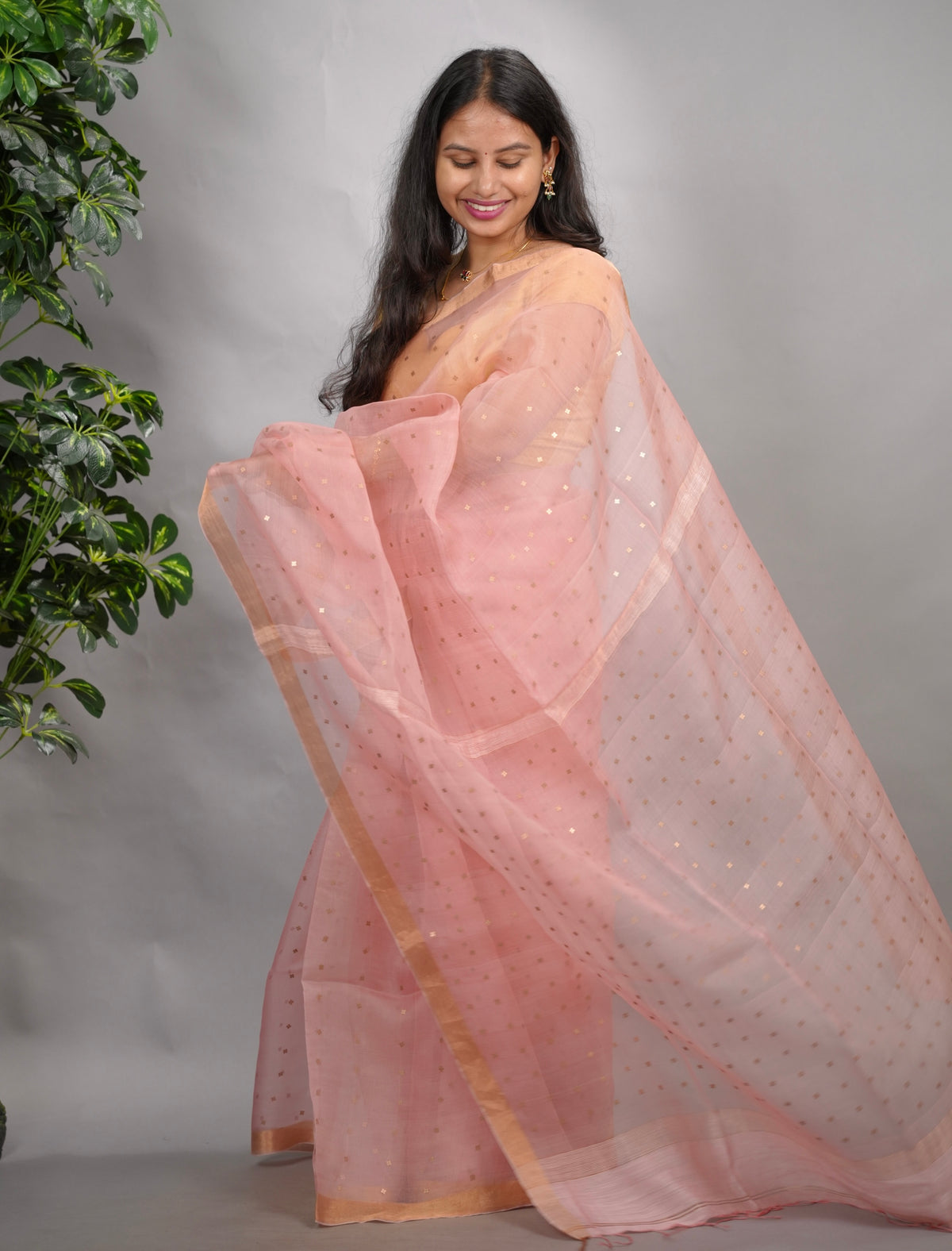 Peach Handwoven Muslin Silk Saree With Sequence Work | Looms & Tassels