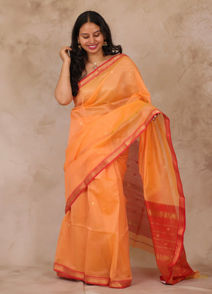 Pastel Orange Handloom Maheswari Silk Cotton Sarees | Looms & Tassels