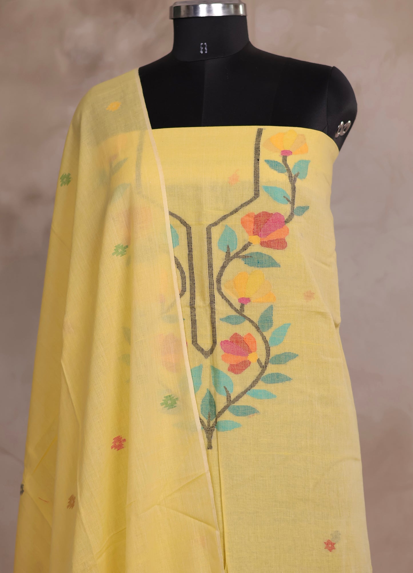 Yellow Handwoven Jamdhani weaving pure Malai cotton 2 piece suit sets | Looms & Tassels