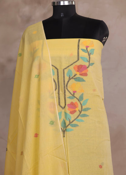 Yellow Handwoven Jamdhani weaving pure Malai cotton 2 piece suit sets | Looms & Tassels