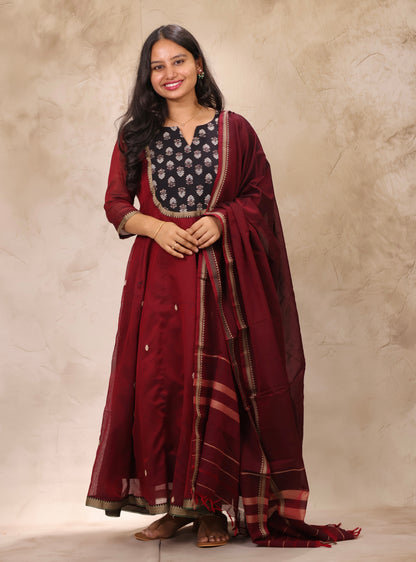 Maroon Ajrakh Patch Work Narayanpet Cotton Anarkali Dress with Narayanpet Dupatta | Looms & Tassels