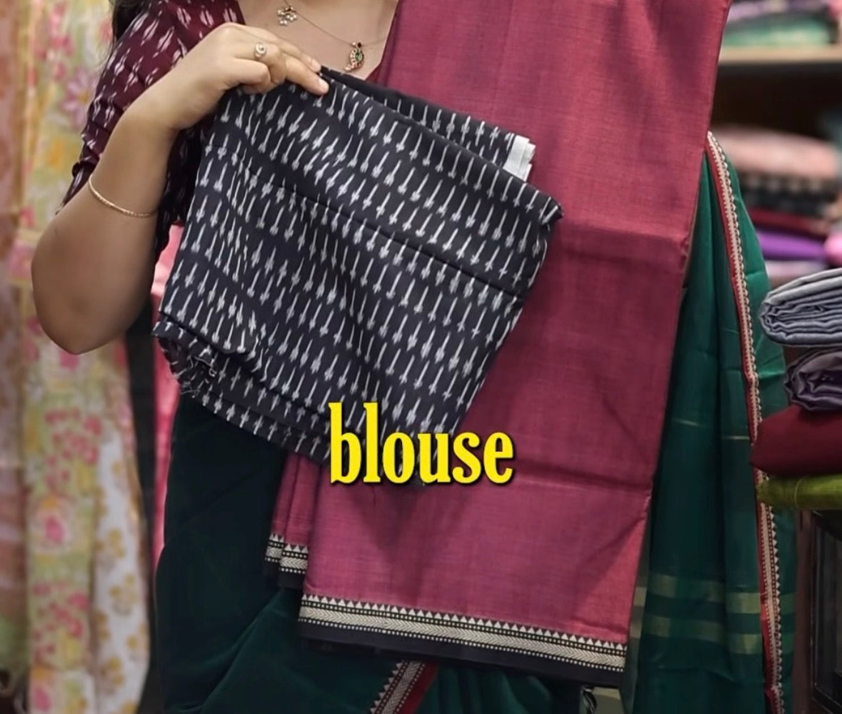 Dual shade Narayanpet Cotton Saree with Ikkat Blouse Piece | Looms & Tassels