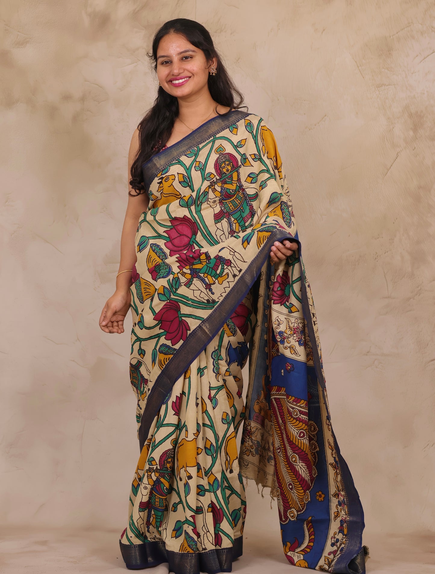 Cream Pichwai Design Kalamkari Nizam Border Chennur Silk Saree | Looms & Tassels