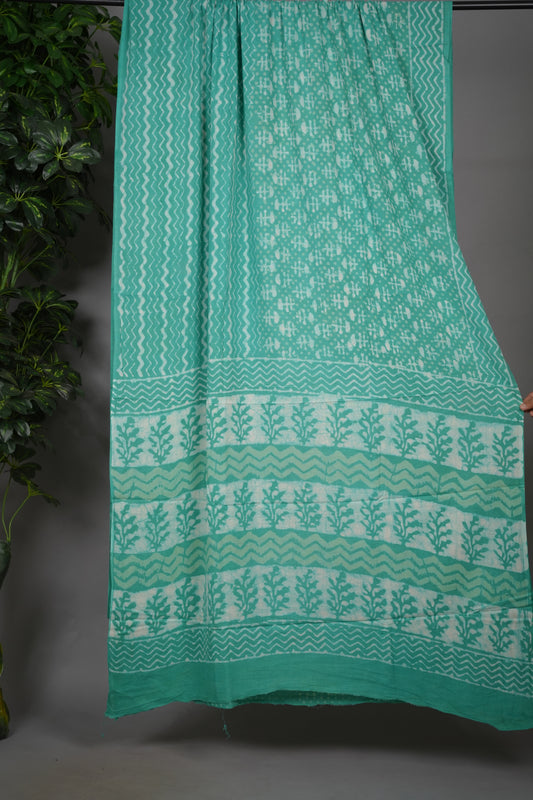 Sea Green Bagru Handblock printed MulMul cotton saree | Looms & Tassels