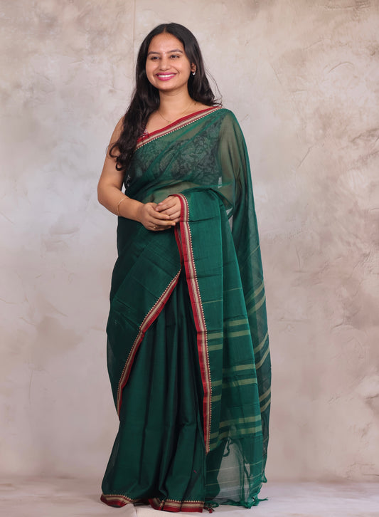 Bottle Green Narayanpet Cotton Saree | Looms & Tassels
