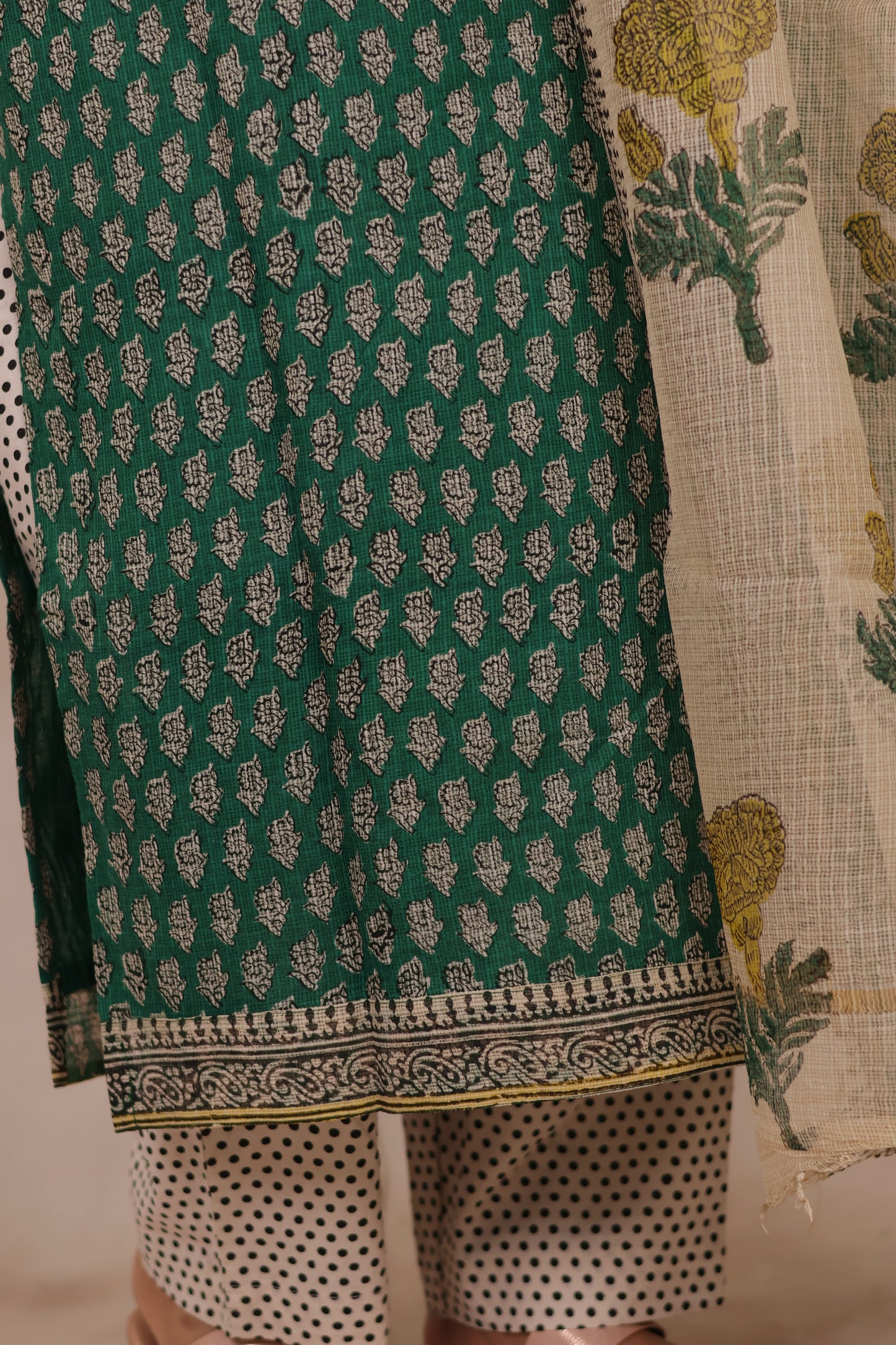 Green Handblock printed kota 3 piece suit (stitched)