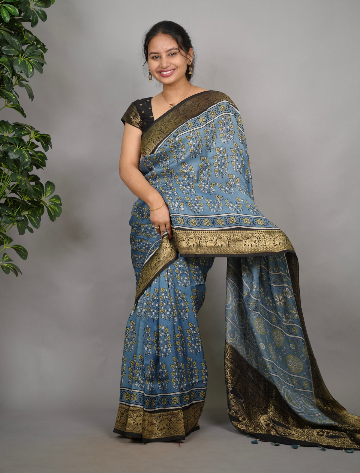 Ajrakh Dola Silk Saree - Blue | Looms & Tassels
