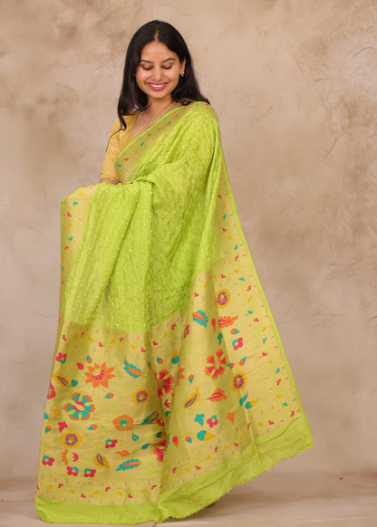 Pista Green Handcrafted Bandhani Paithani Dola Silk Saree | Looms & Tassels