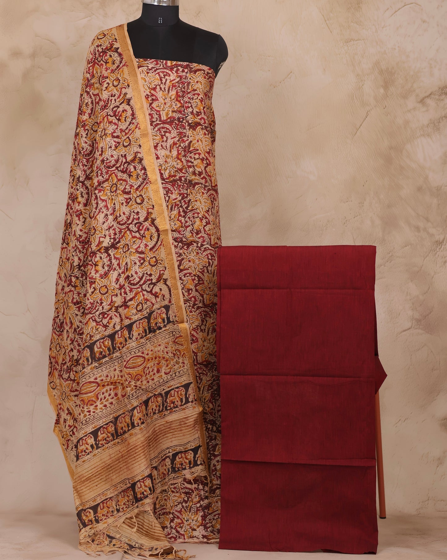 Hand Block Printed Kalamkari Unstitched 3pc Suit Set