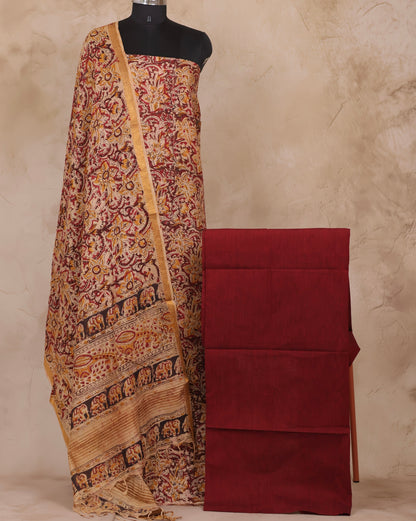 Hand Block Printed Kalamkari Unstitched 3pc Suit Set