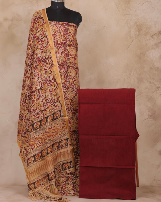 Maroon Hand Block Printed Kalamkari Unstitched 3pc Suit Set