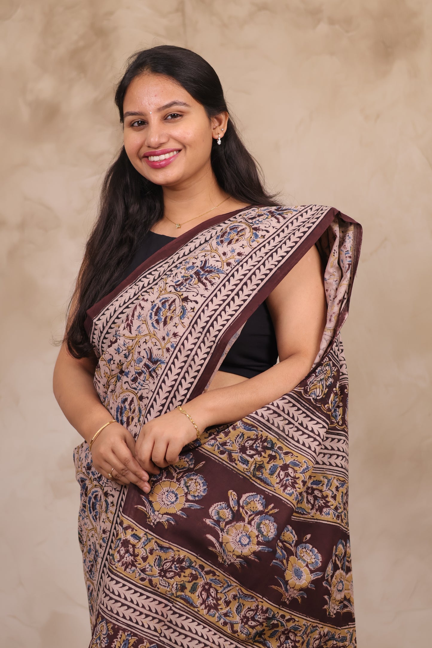 Cream Hand Block Printed Kalamkari Cotton Saree | Looms & Tassels