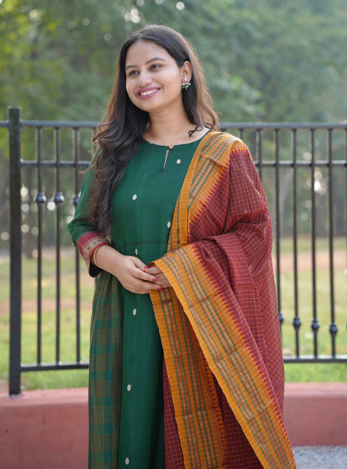 Green Narayanpet Cotton Anarkali Dress with Narayanpet Dupatta | Looms & Tassels