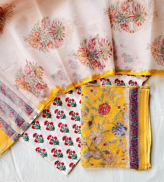 Handblock printed pure kota doria cotton 3 piece suit set