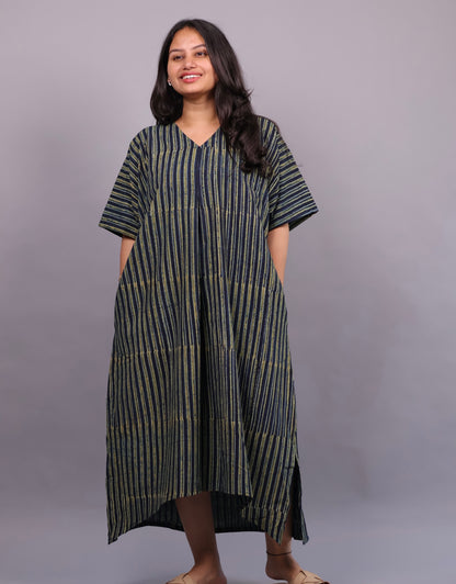 Indigo Ajrakh Handblock Printed Cotton Kaftan – Elegant & Breathable Ethnic Wear | Looms & Tassels