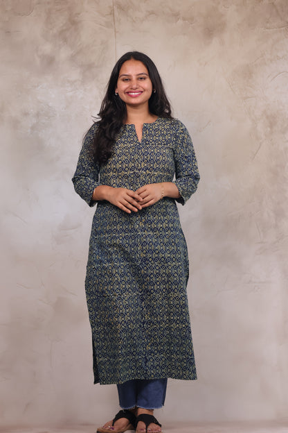 Indigo Ajrakh Hand Block Printed Kurti | Looms & Tassels