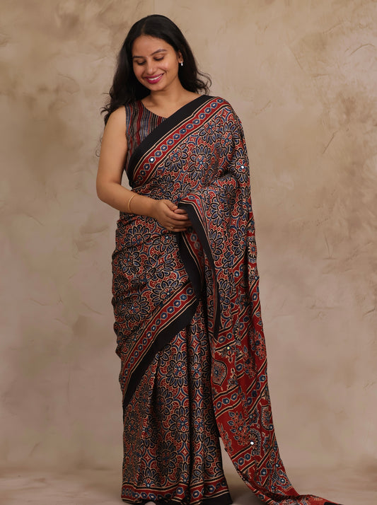 Red Handcrafted Ajrakh Modal Silk Saree with Authentic Banjara Mirror Work | Looms & Tassels
