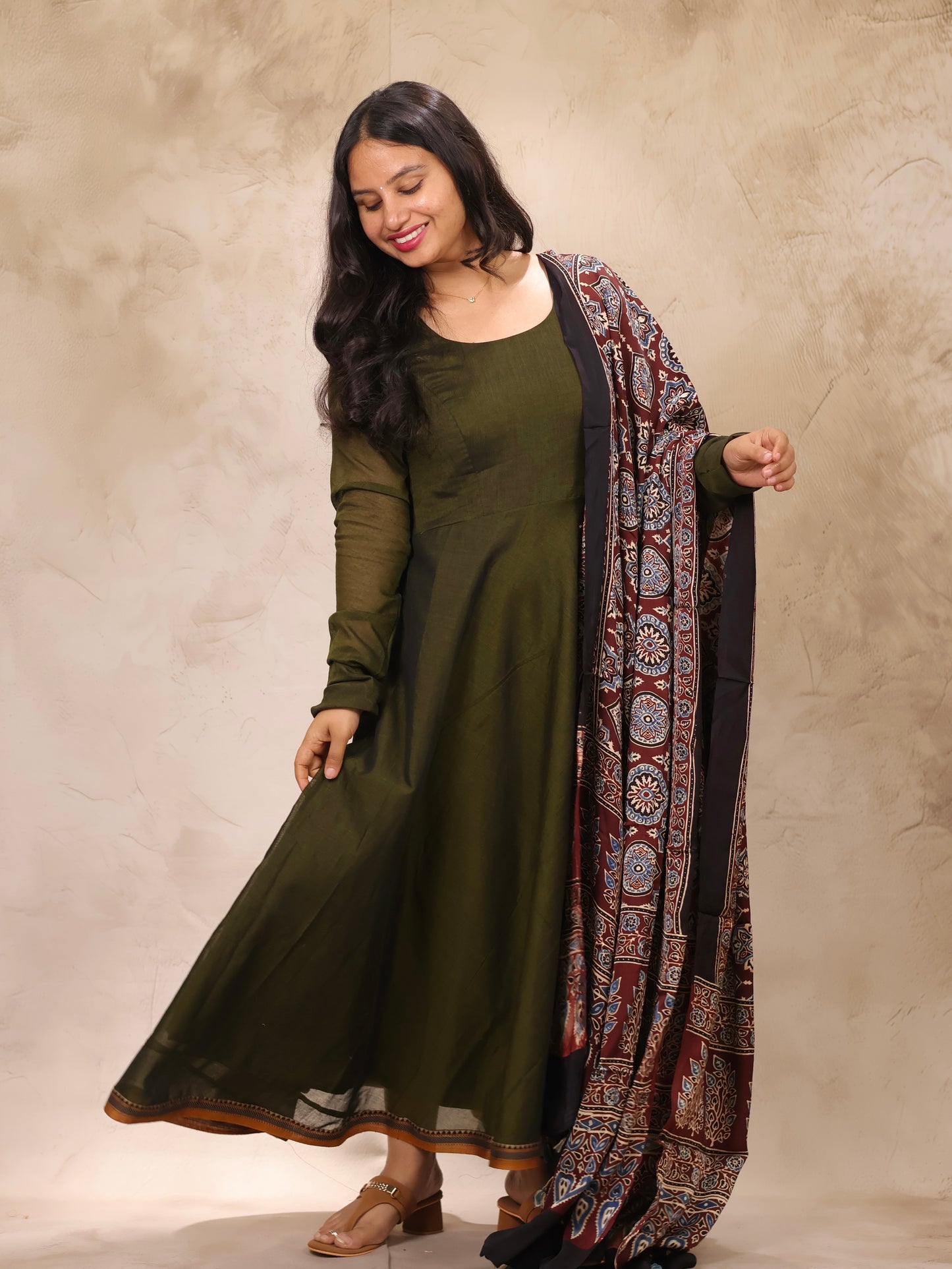 Mehandi Green Narayanpet Cotton Anarkali Dress with Ajrakh Modal Silk Dupatta | Looms & Tassels