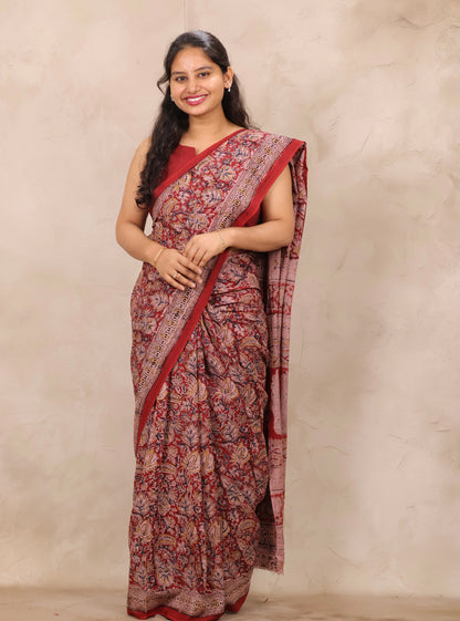 Red Hand Block Printed Kalamkari Cotton Saree | Looms & Tassels