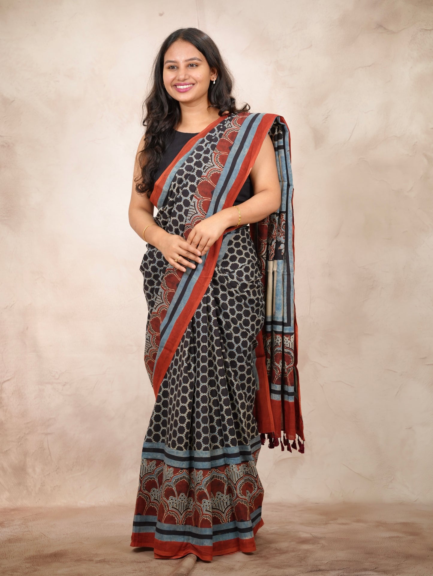 Black & Red Ajrakh Hand Block Printed Cotton Saree | Looms & Tassels