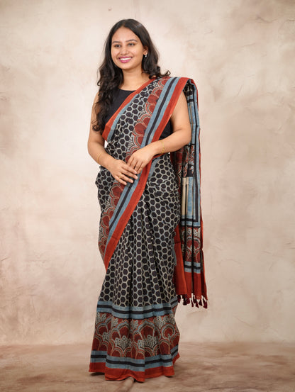 Black & Red Ajrakh Hand Block Printed Cotton Saree | Looms & Tassels