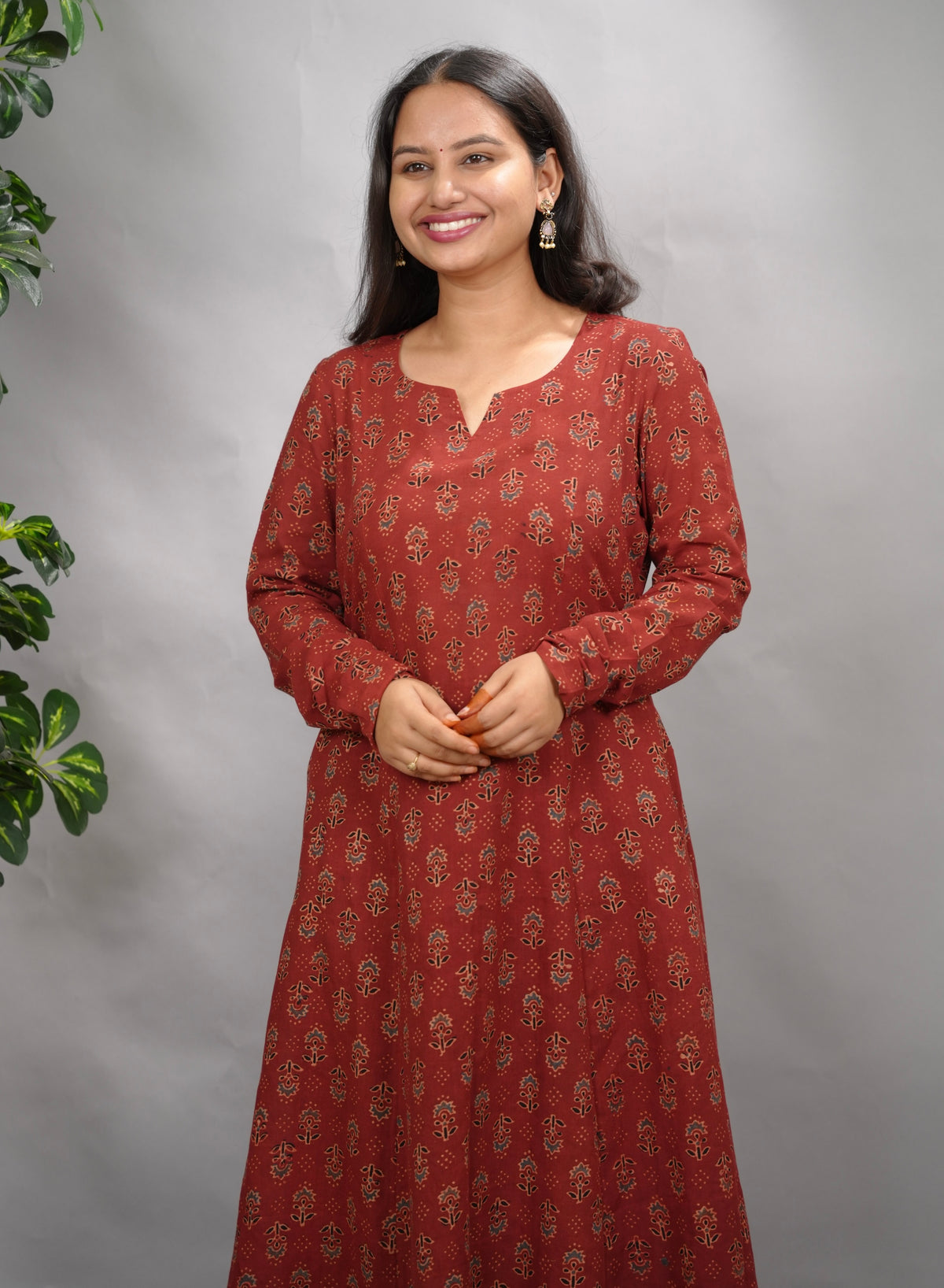 Rust Maroon Ajrakh Handblock Printed Kali Kurta with Chudi Sleeves