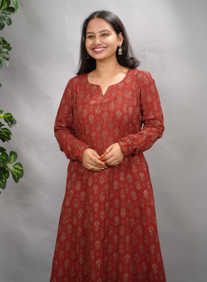 Rust Maroon Ajrakh Handblock Printed Kali Kurta with Chudi Sleeves