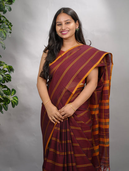 Maroon Narayanpet Cotton Saree | Looms & Tassels