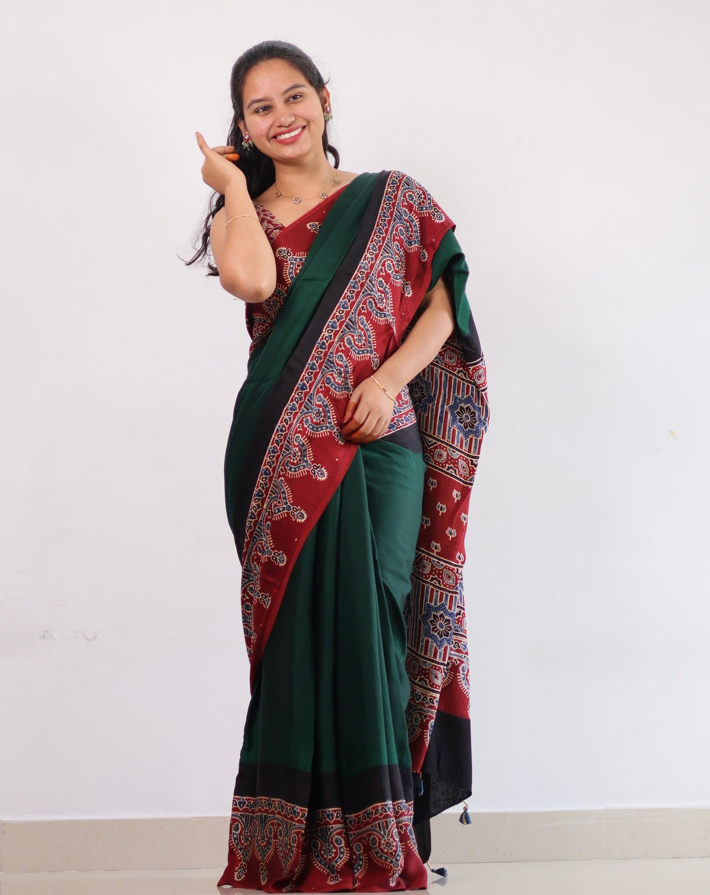 Green Ajrakh Modal Silk Saree