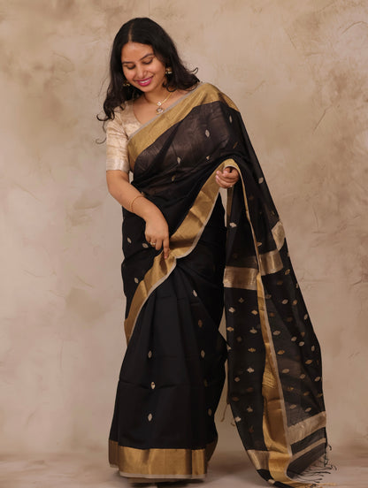 Black Handloom Maheswari Silk Cotton Sarees | Looms & Tassels