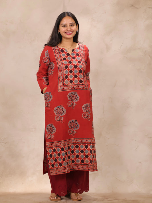 Red Ajrakh Pattern Hand Block Cotton printed Kurti | Looms & Tassels