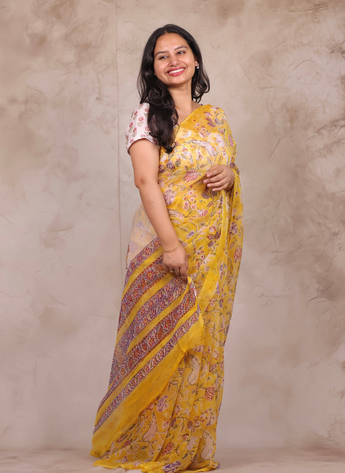 Yellow Chiffon Hand Block Printed Saree | Looms & Tassels