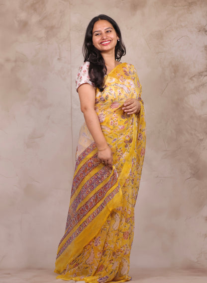 Yellow Chiffon Hand Block Printed Saree | Looms & Tassels