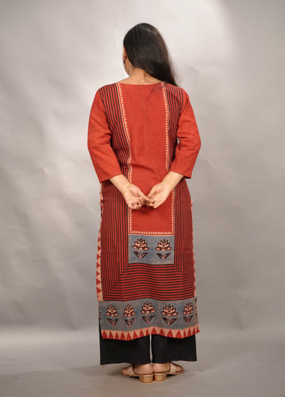 Red Ajrakh Pattern Hand Block printed Kurti | Looms & Tassels