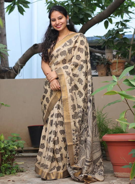Cream & Grey Elephant Kalamkari Silk Handcrafted Nizam Border Saree