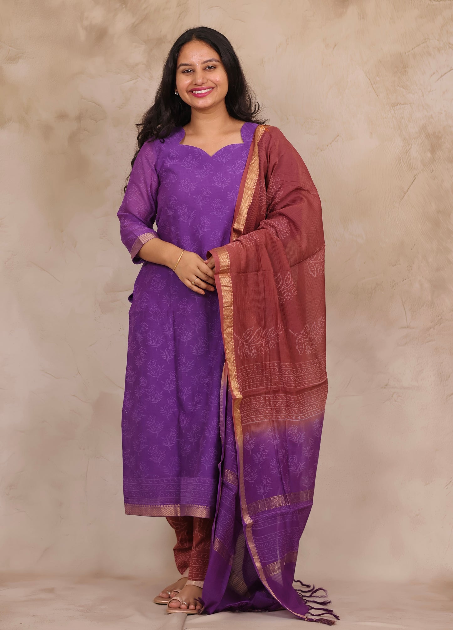 Purple Handblock printed Pure Maheswari Silk 3 piece suit (stitched)