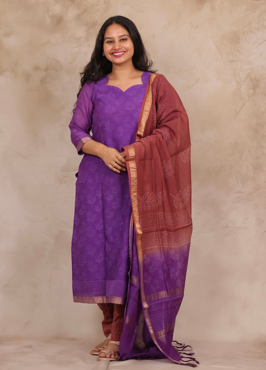 Purple Handblock printed Pure Maheswari Silk 3 piece suit (stitched)