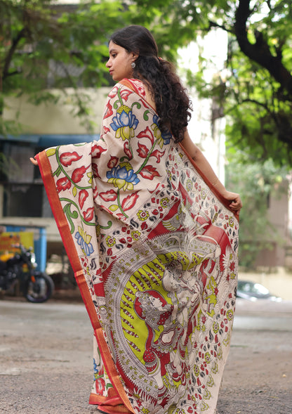 Lotus Kalamkari Nizam Border Silk Saree