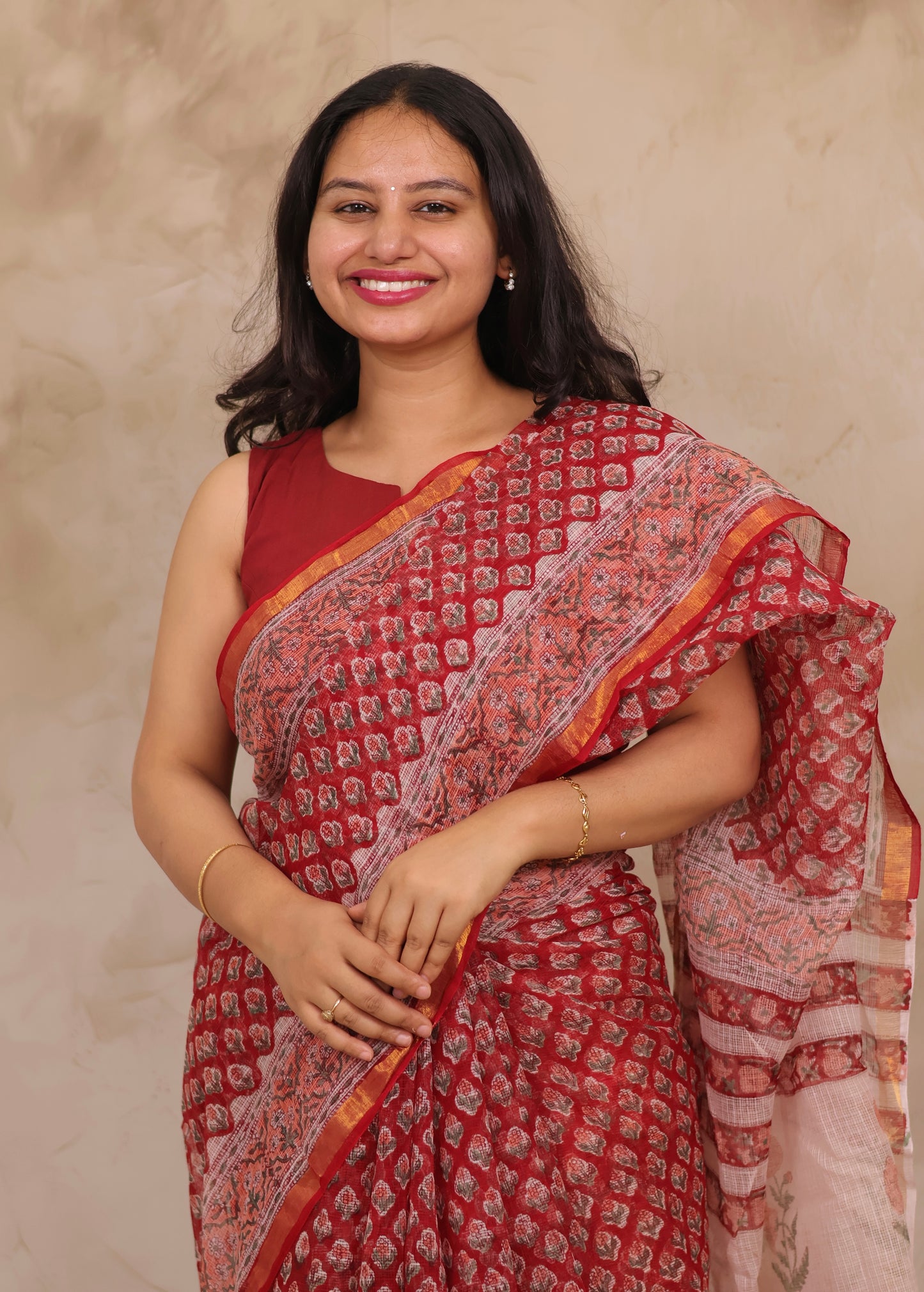 Red Pure Kota Doria Saree with Bagru Handblock Prints | Looms & Tassels