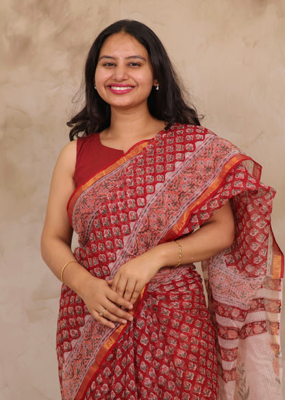 Red Pure Kota Doria Saree with Bagru Handblock Prints | Looms & Tassels