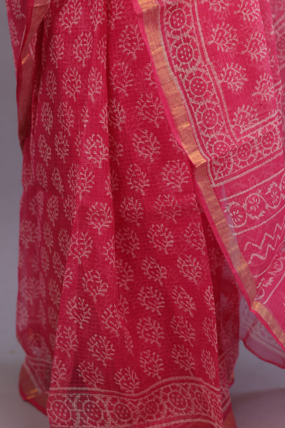 Pure Kota Doria Saree with Bagru Handblock Prints – Pink | Looms&Tassels