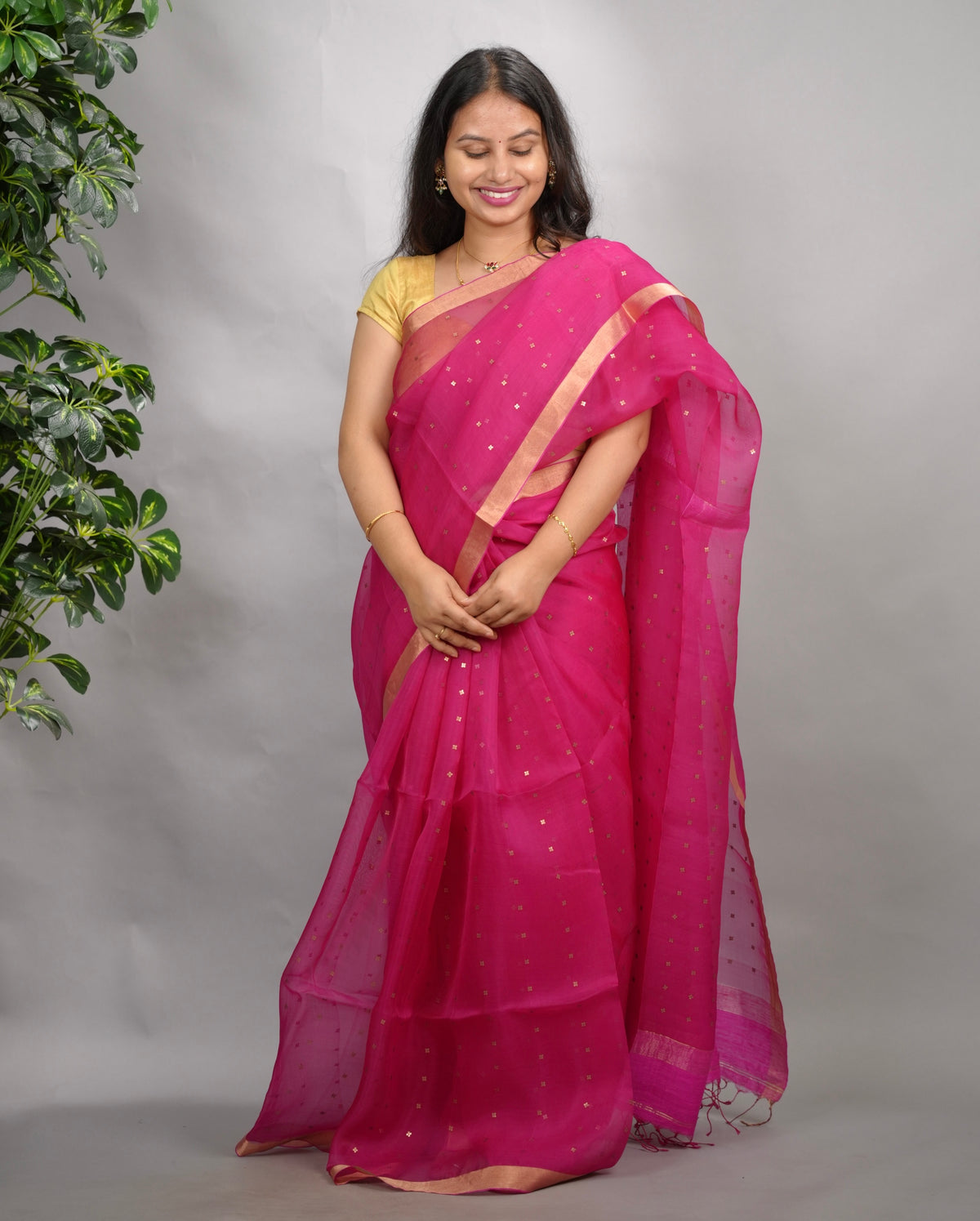 Pink Handwoven Muslin Silk Saree With Sequence Work | Looms & Tassels