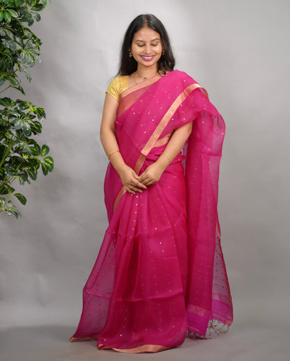 Pink Handwoven Muslin Silk Saree With Sequence Work | Looms & Tassels