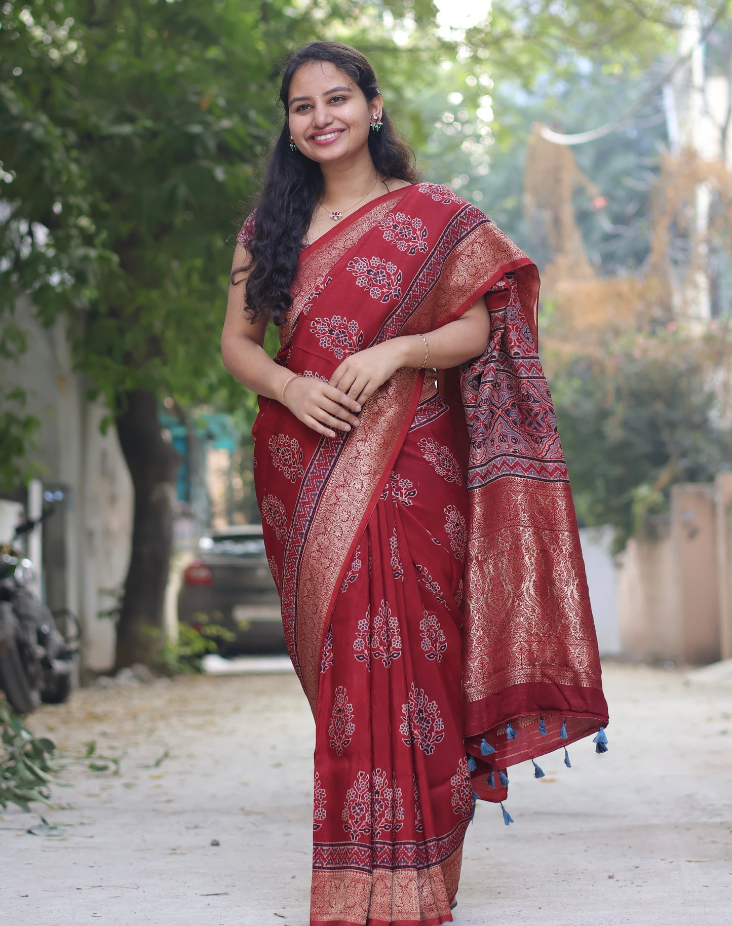 Maroon Butta Ajrakh Handblock Printed Dola Silk Saree