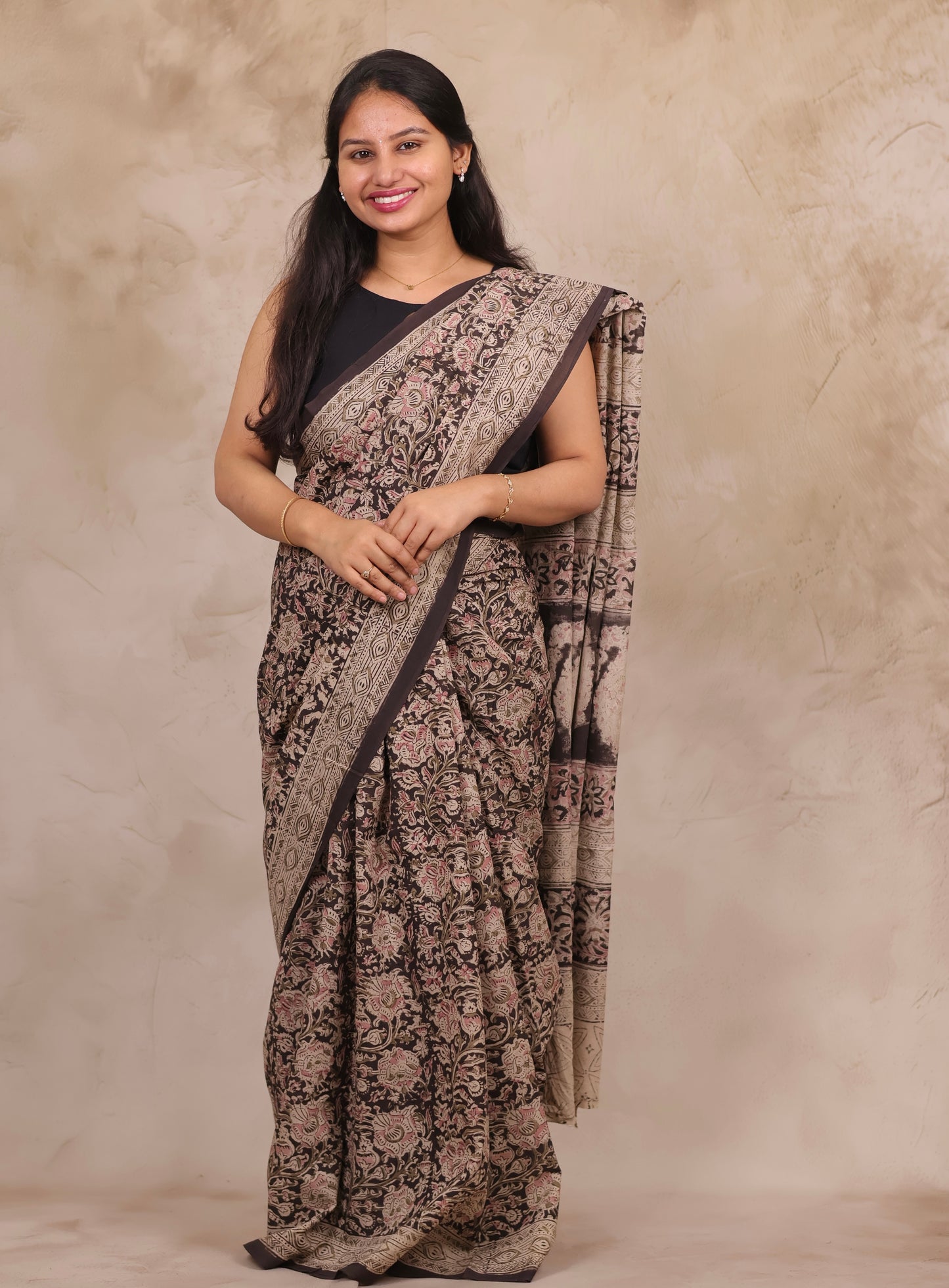Black Hand Block Printed Kalamkari Cotton Saree | Looms & Tassels