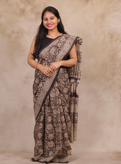 Black Hand Block Printed Kalamkari Cotton Saree | Looms & Tassels