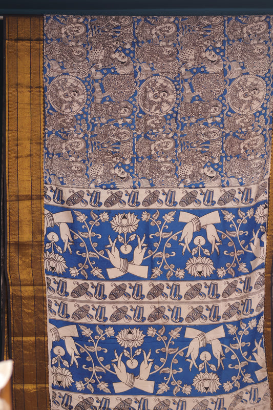 Blue Kanchi Border Kalamkari Chennur Silk Saree