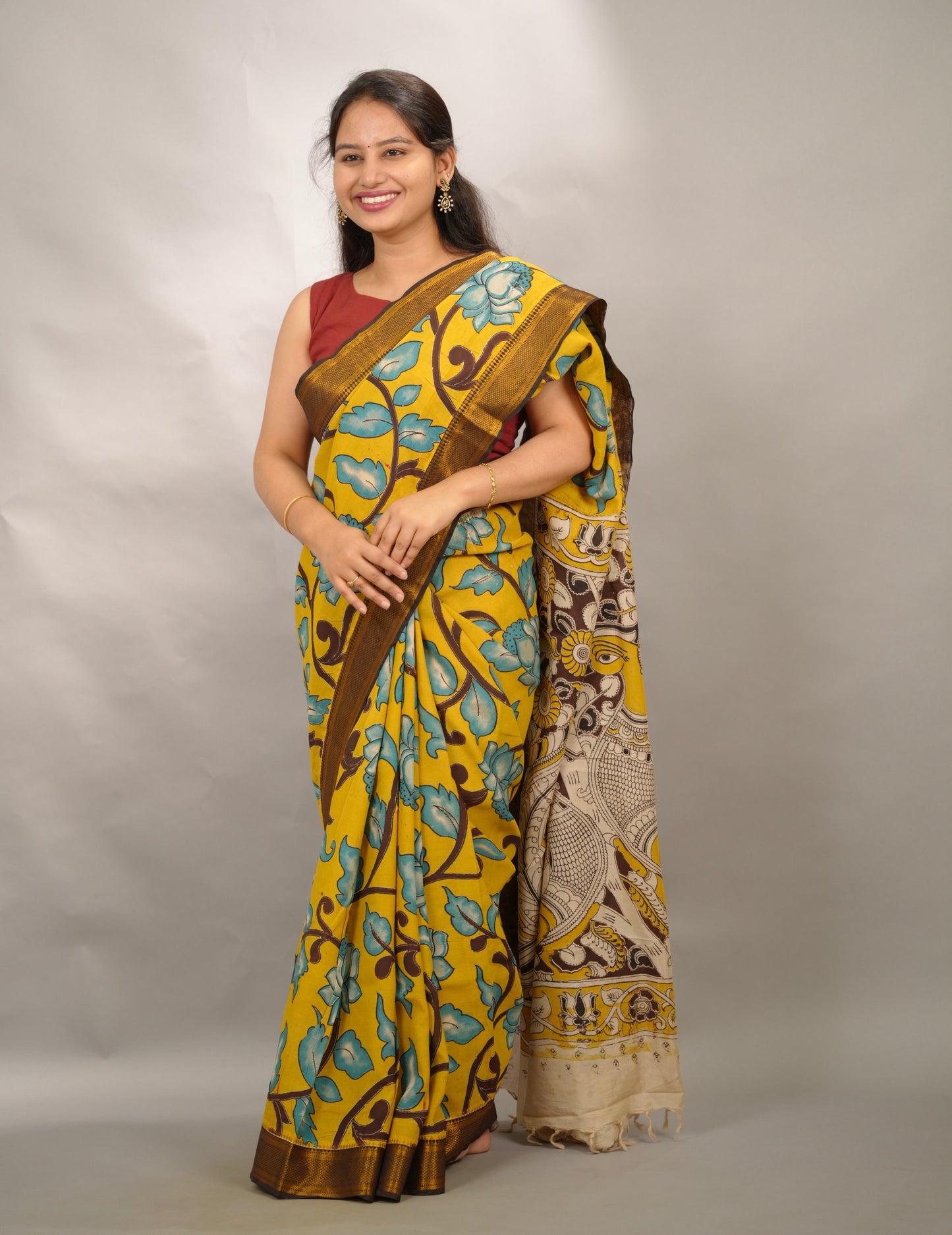 Yellow Kalamkari Nizam Border Chennur Silk Saree | Looms & Tassels