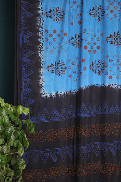 Blue Hand dyeing premium chennur silk with block prints saree